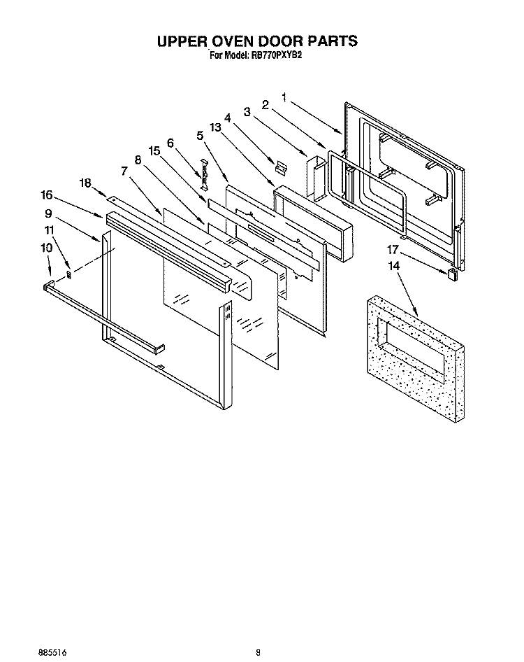 UPPER OVEN DOOR Diagram and Parts List for RB770PXYQ2  Whirlpool Wall Oven