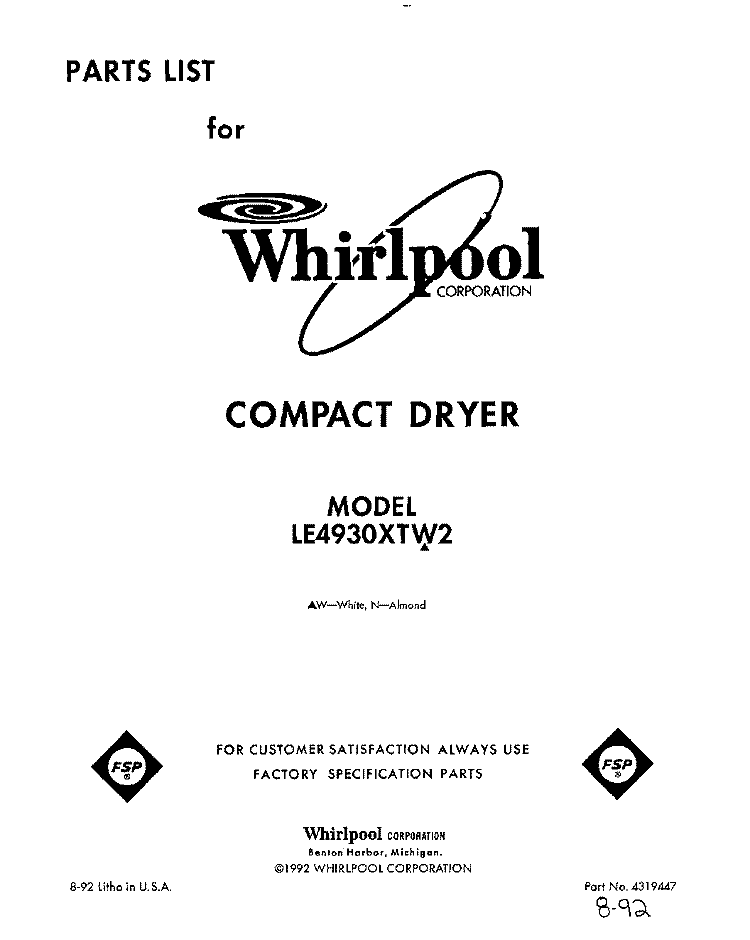 SECTION Diagram and Parts List for LE4930XTW2  Whirlpool Dryer