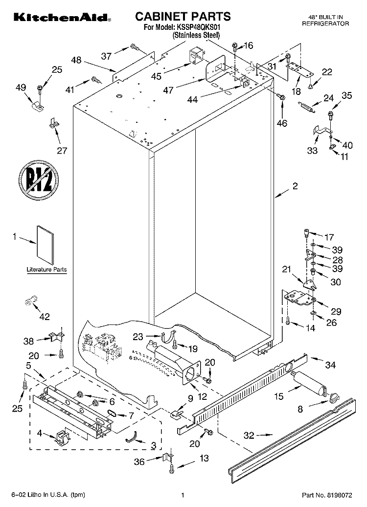 CABINET, LITERATURE Diagram and Parts List for KSSP48QKS01  KitchenAid Refrigerator