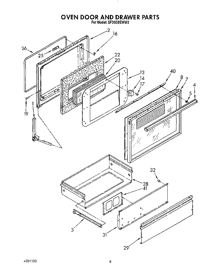 OVEN DOOR AND DRAWER Diagram and Parts List for SF365BEWN2  Whirlpool Range