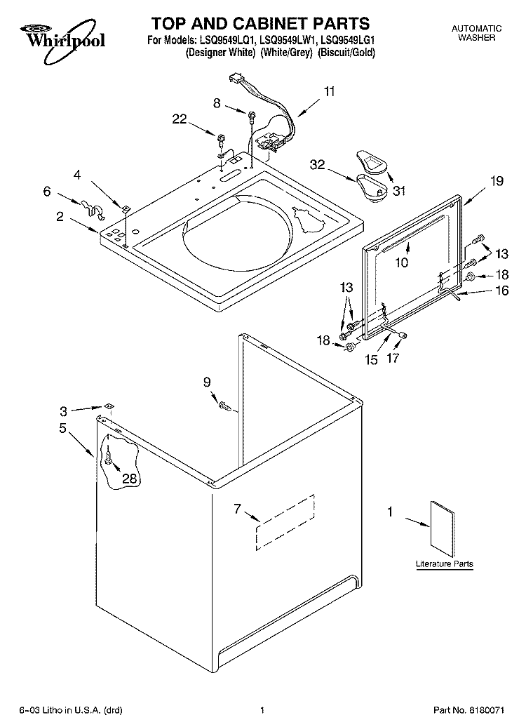 TOP AND CABINET PARTS Diagram and Parts List for LSQ9549LW1  Whirlpool Washer