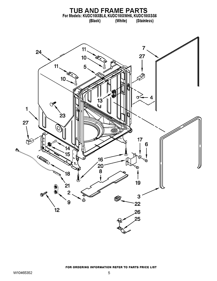 TUB AND FRAME PARTS Diagram and Parts List for KUDC10IXSS6  KitchenAid Dishwasher