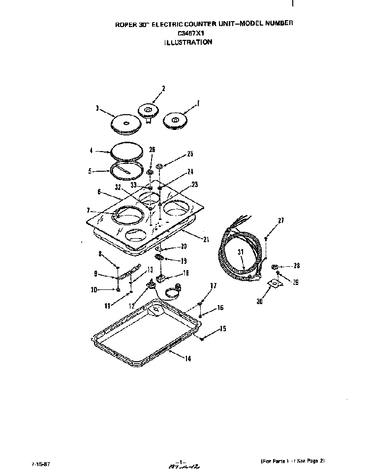Cooktop Diagram and Parts List for C3457*1  Roper Range
