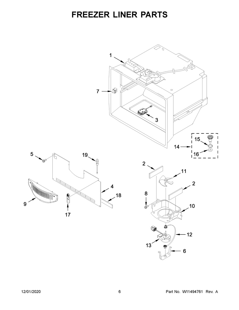 Freezer Liner Parts Diagram and Parts List for KRFF507HWH02  Whirlpool Refrigerator