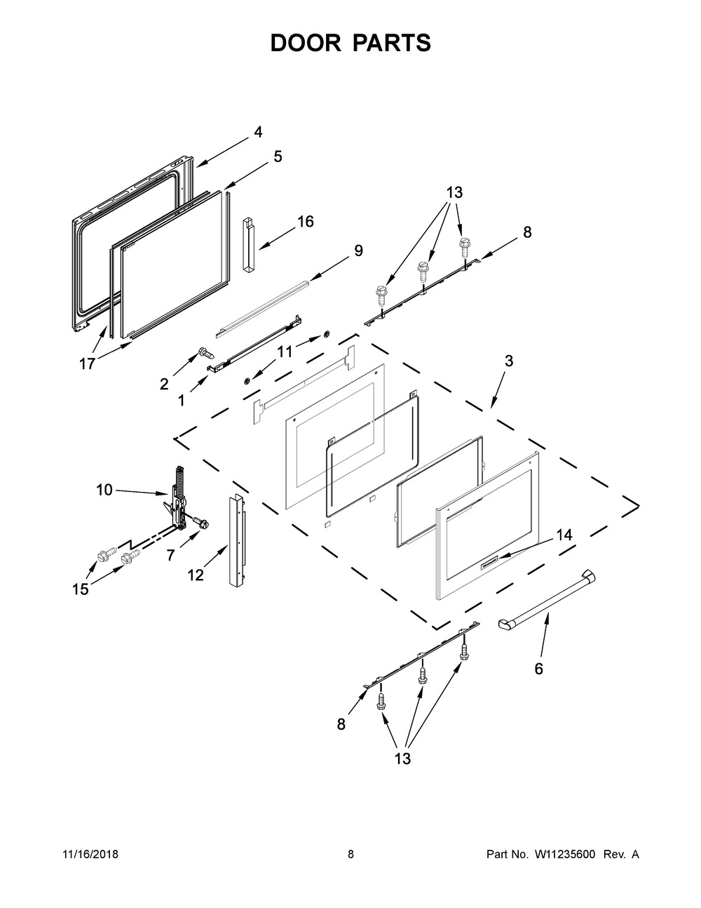Door Parts Diagram and Parts List for KSGB900ESS3  Whirlpool Range
