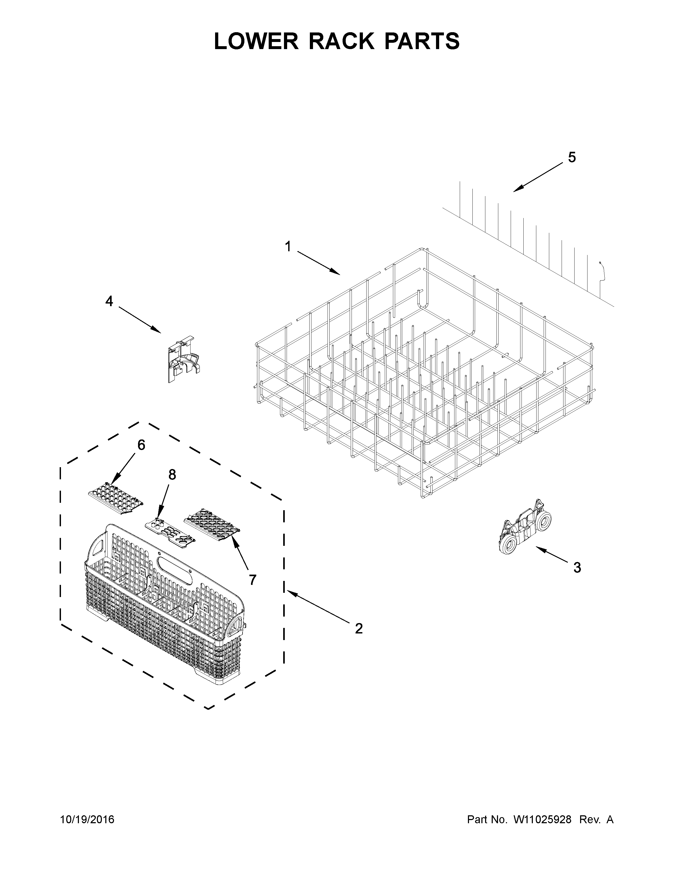 Lower Rack Parts Diagram and Parts List for IUD7555DS3  Whirlpool Dishwasher