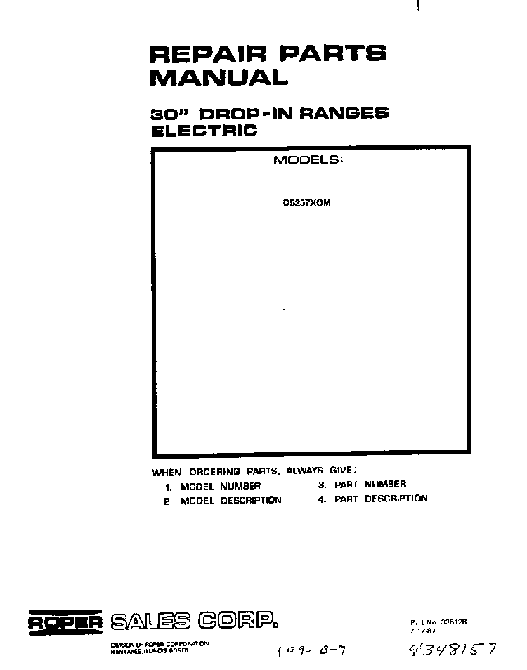 Cover Page Diagram and Parts List for D5757*0  Roper Range
