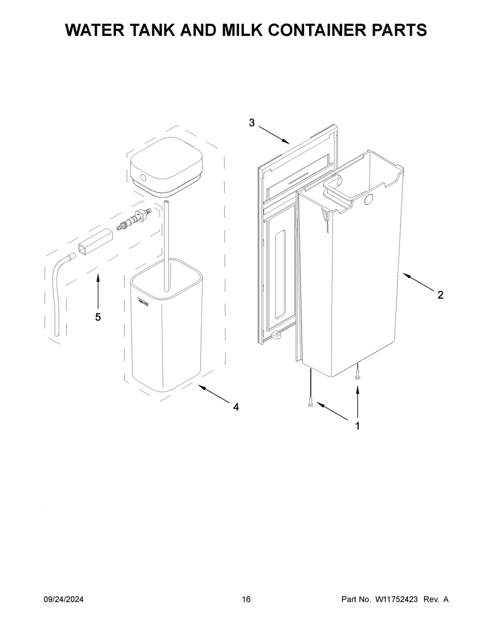 09 - Water Tank And Milk Container Parts Diagram and Parts List for KES8556PL0  Whirlpool Espresso Machine