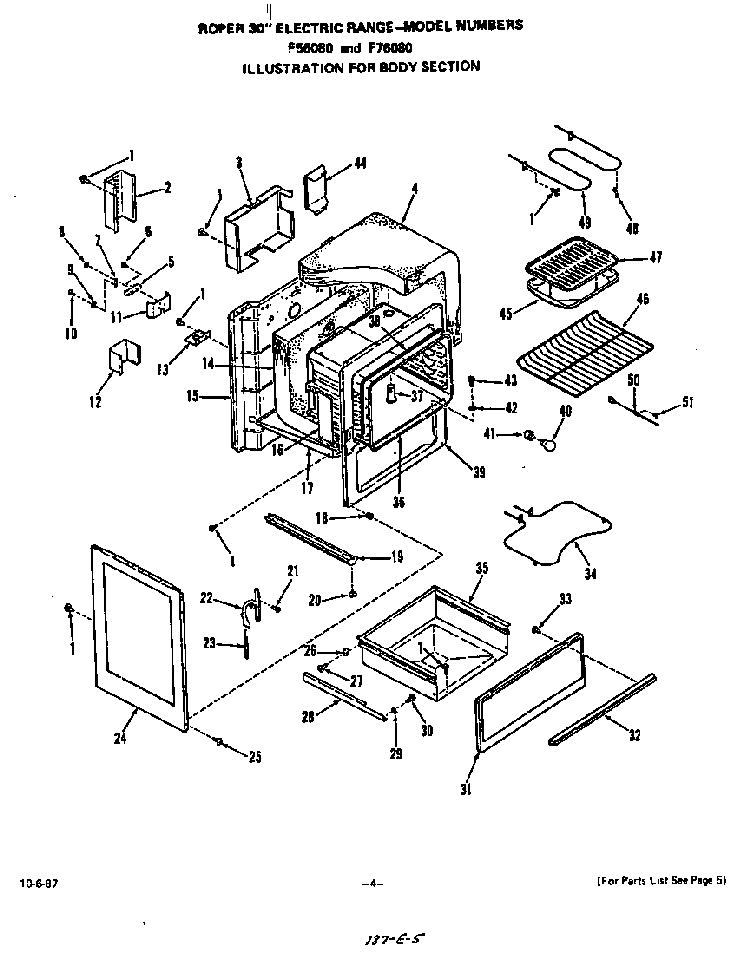 Body Diagram and Parts List for F7608*0  Roper Range