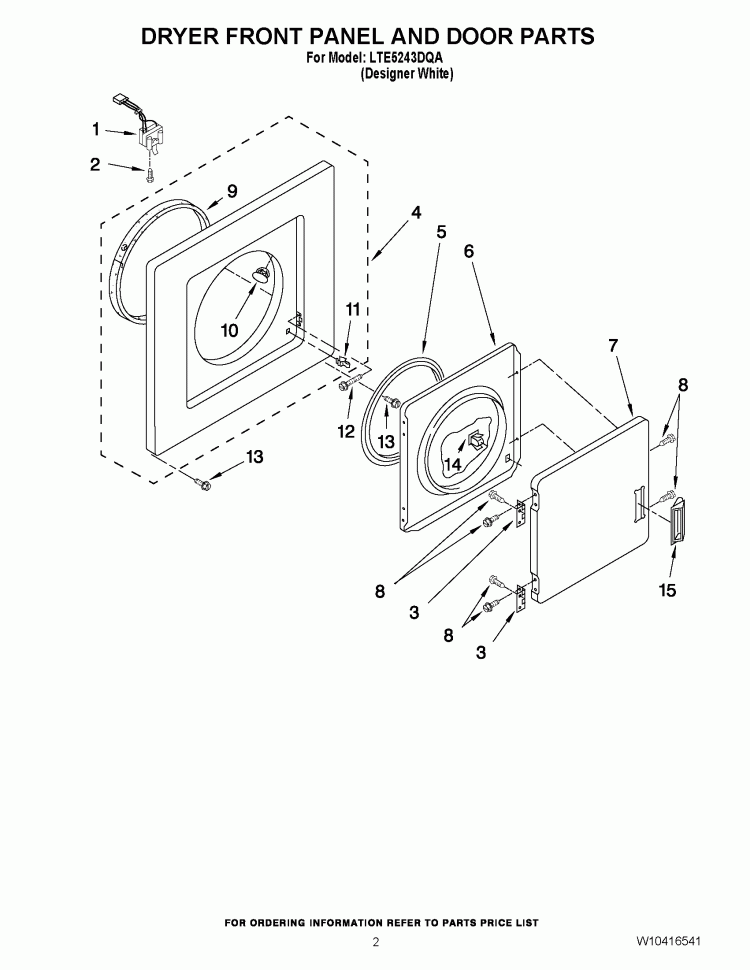 DRYER FRONT PANEL AND DOOR PARTS Diagram and Parts List for LTE5243DQA  Whirlpool Washer Dryer Combo