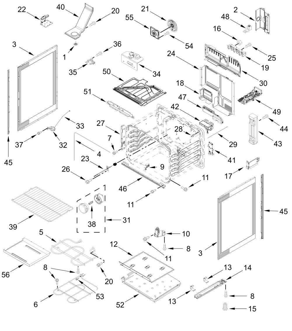 Chassis Parts Diagram and Parts List for WSES5030SZ0  Whirlpool Wall Oven