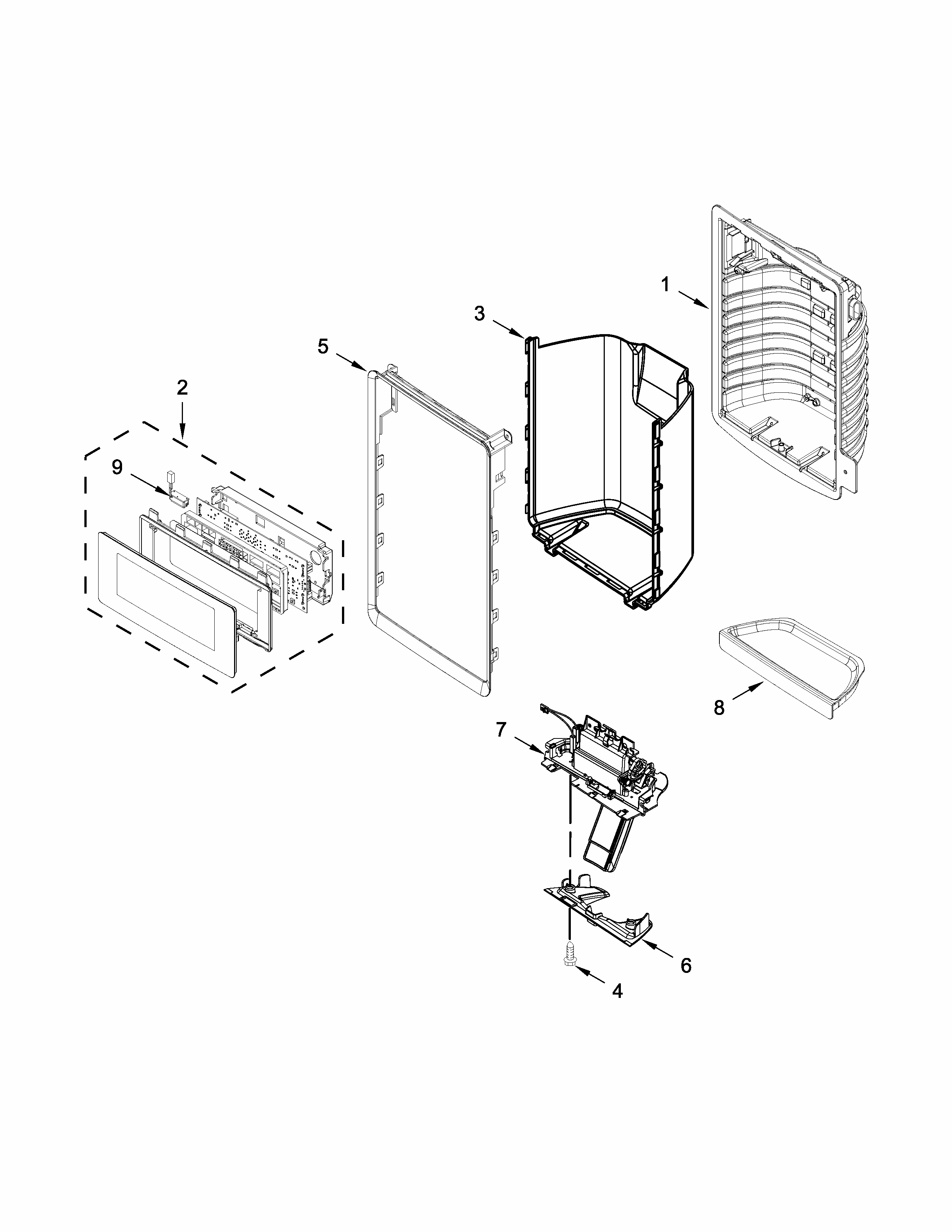 Dispenser Front Parts Diagram and Parts List for IX7DDEXDSM02  Whirlpool Refrigerator