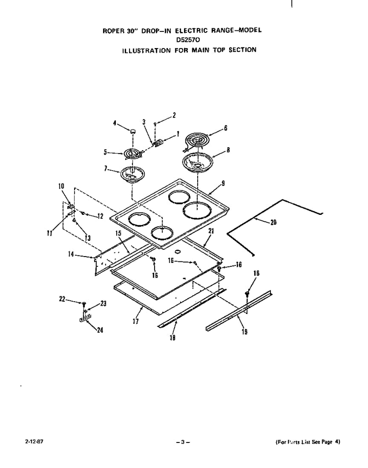 Main Top Diagram and Parts List for D5757*0  Roper Range