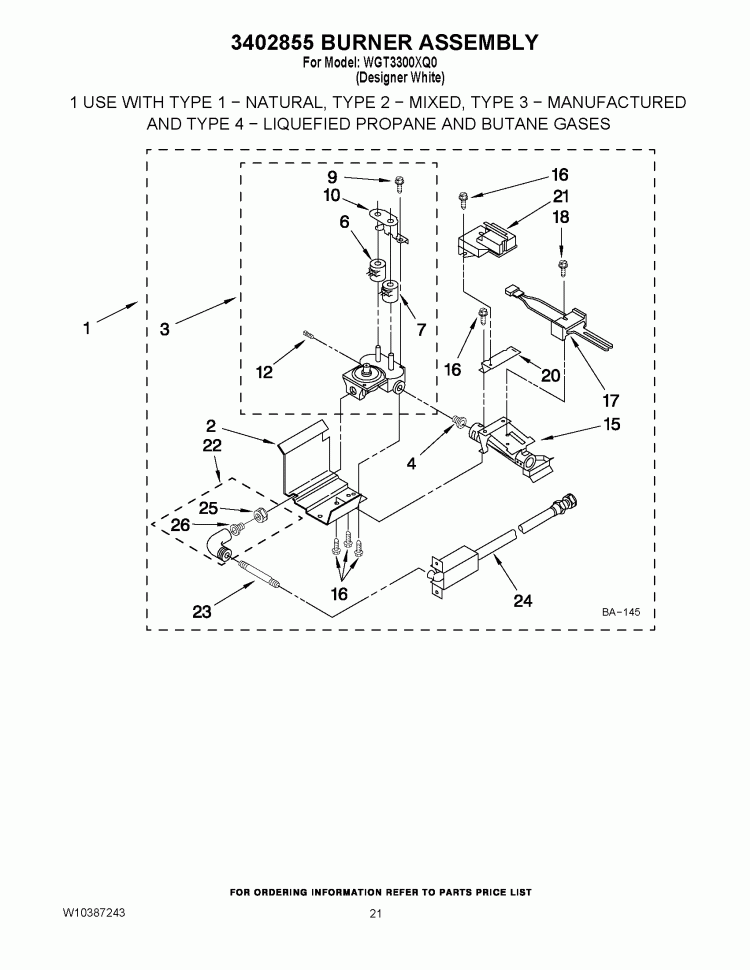 3402855 BURNER ASSEMBLY Diagram and Parts List for WGT3300XQ0  Whirlpool Washer Dryer Combo