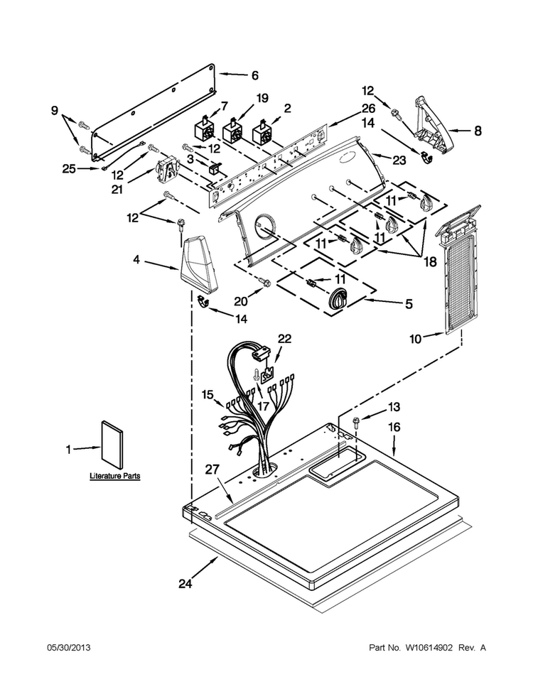 Top And Console Parts Diagram and Parts List for 7MWGD1730YW3  Whirlpool Dryer