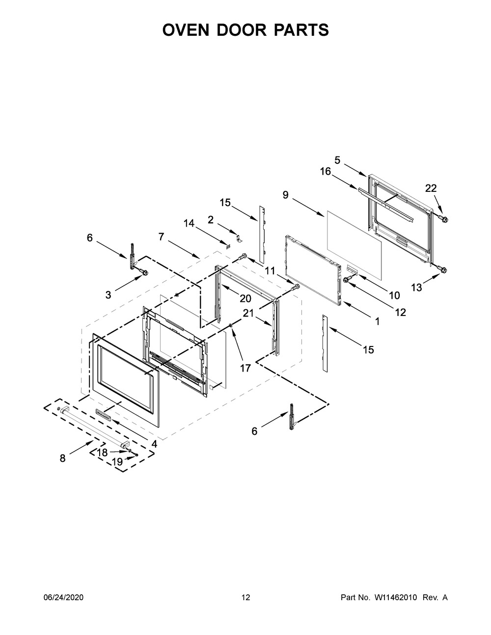 Oven Door Parts Diagram and Parts List for KOCE507EBS07  Whirlpool Microwave Oven Combo