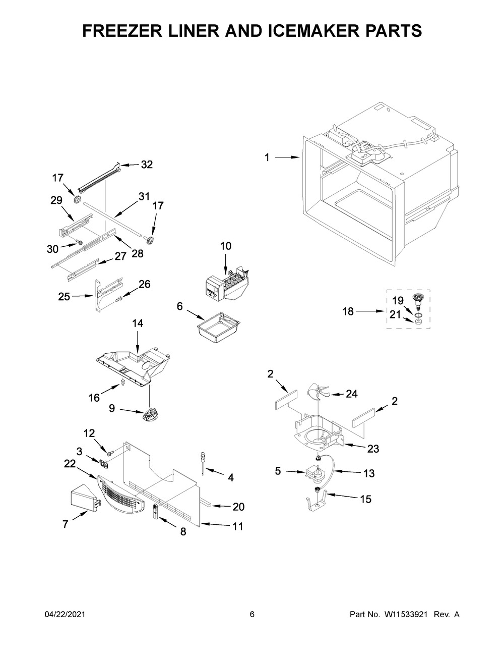 Freezer Liner And Icemaker Parts Diagram and Parts List for KRFF305ESS05  Whirlpool Refrigerator