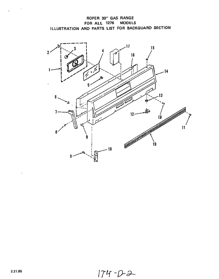 Backguard Diagram and Parts List for 1276*0A  Roper Range