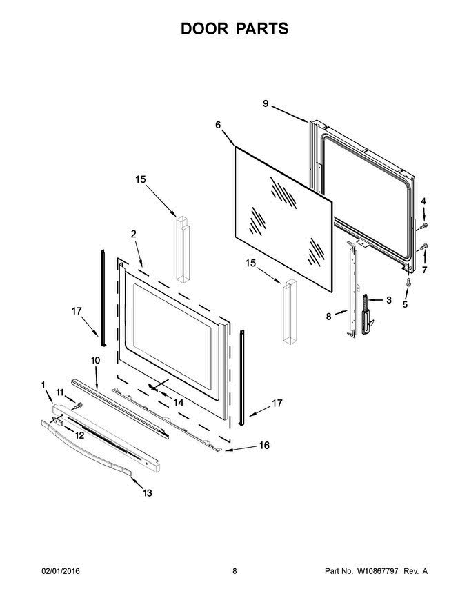 05 - Door Parts Diagram and Parts List for YWFE745H0FE0  Whirlpool Range