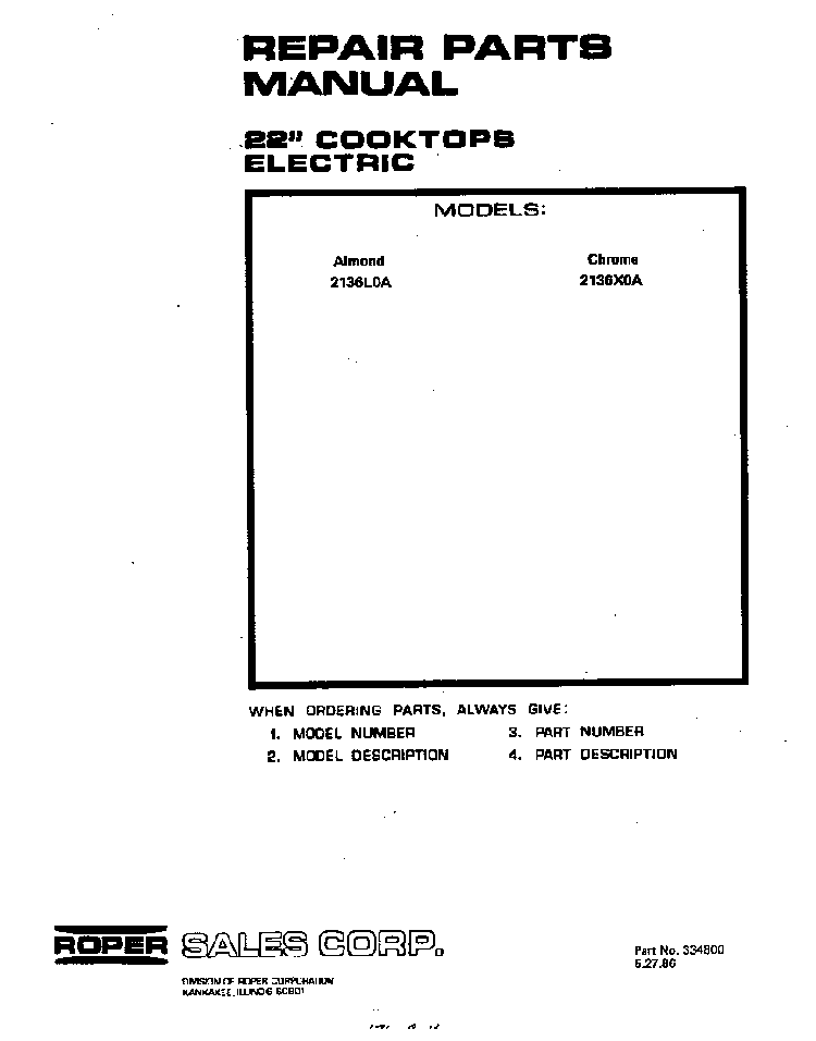 Cover Page Diagram and Parts List for 2136*0A  Roper Range