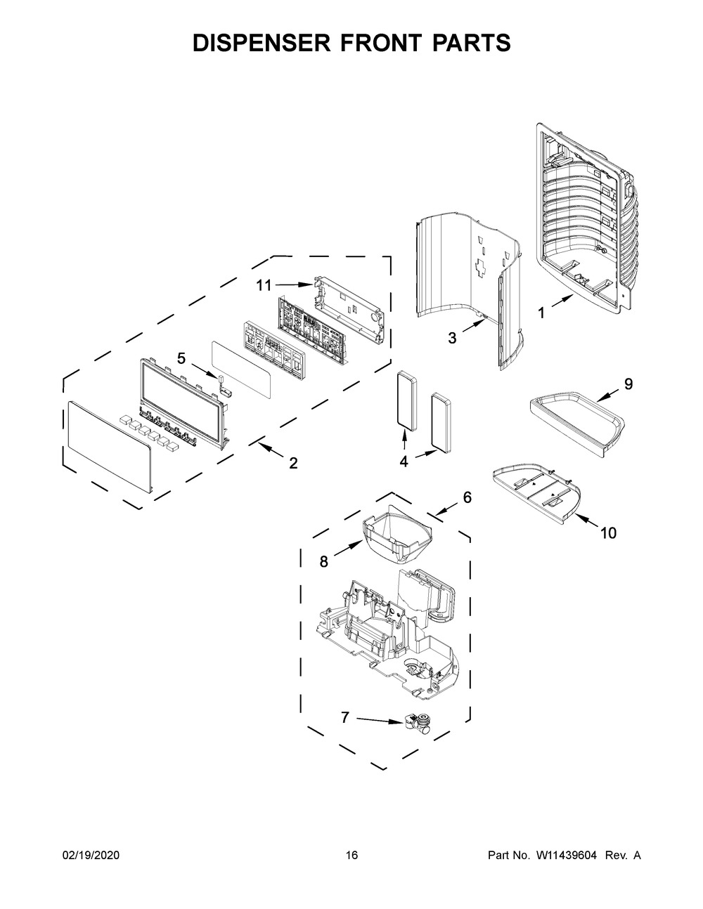 Dispenser Front Parts Diagram and Parts List for WRX735SDHV02  Whirlpool Refrigerator
