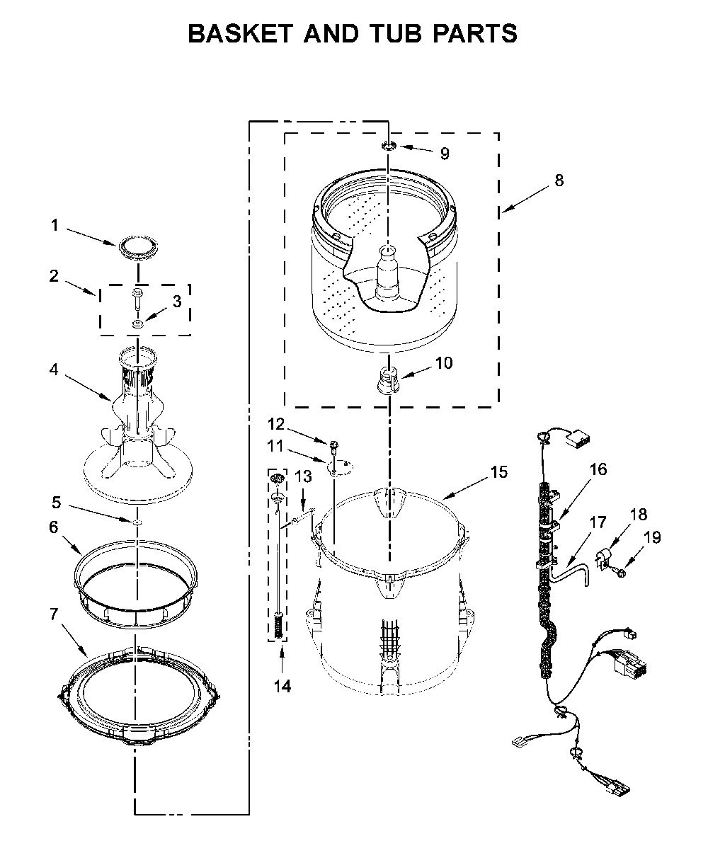 Basket and tub parts Diagram and Parts List for 11027022711  Kenmore Washer