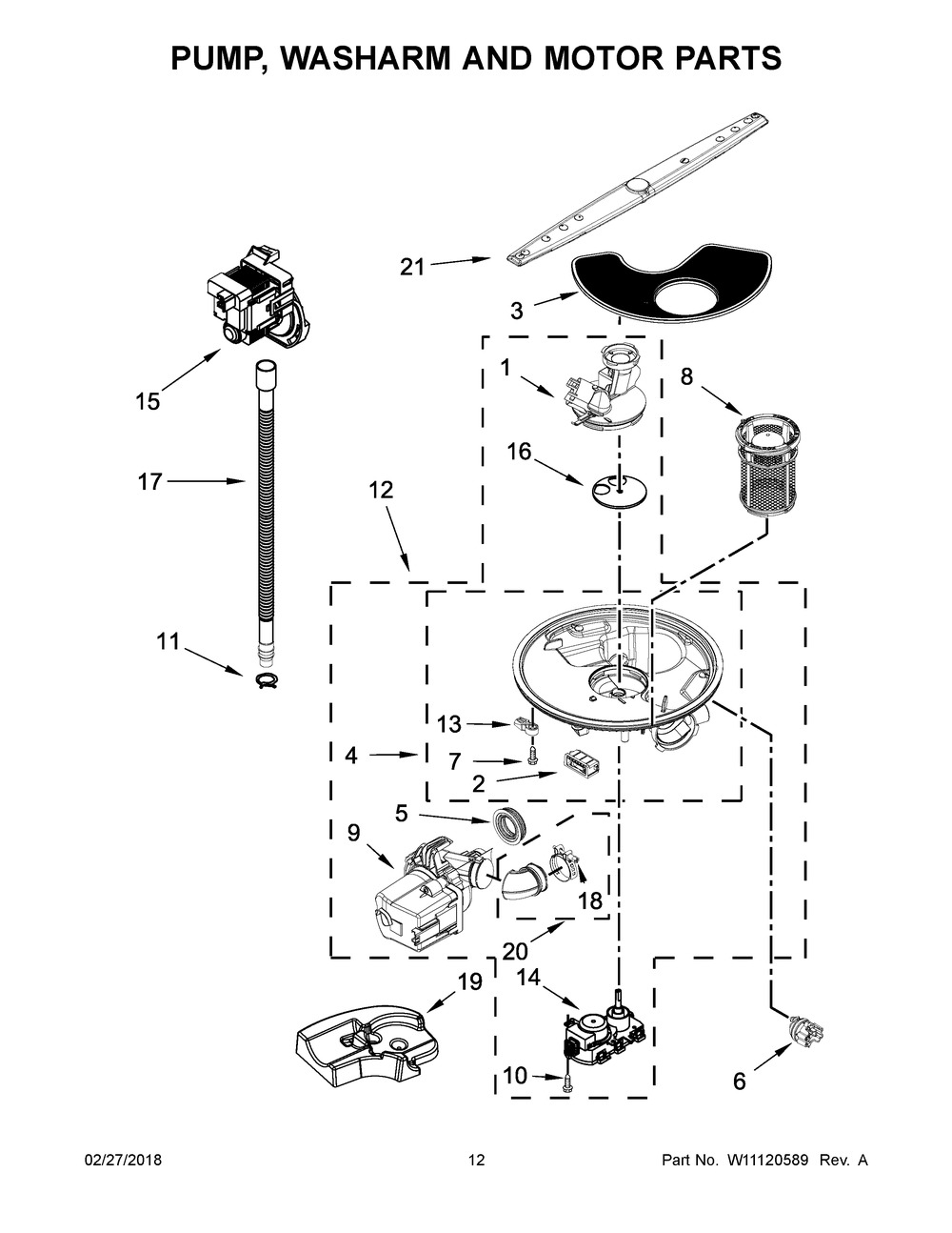 Pump, Washarm And Motor Parts Diagram and Parts List for WDT975SAHZ0  Whirlpool Dishwasher