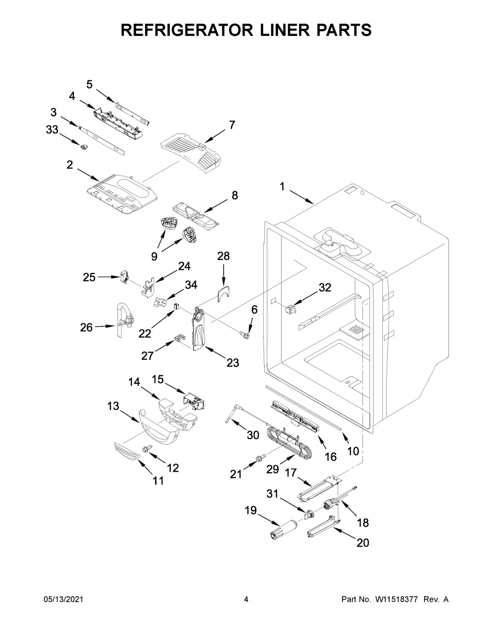 Refrigerator Liner Parts Diagram and Parts List for KRFF302EWH04  Whirlpool Refrigerator