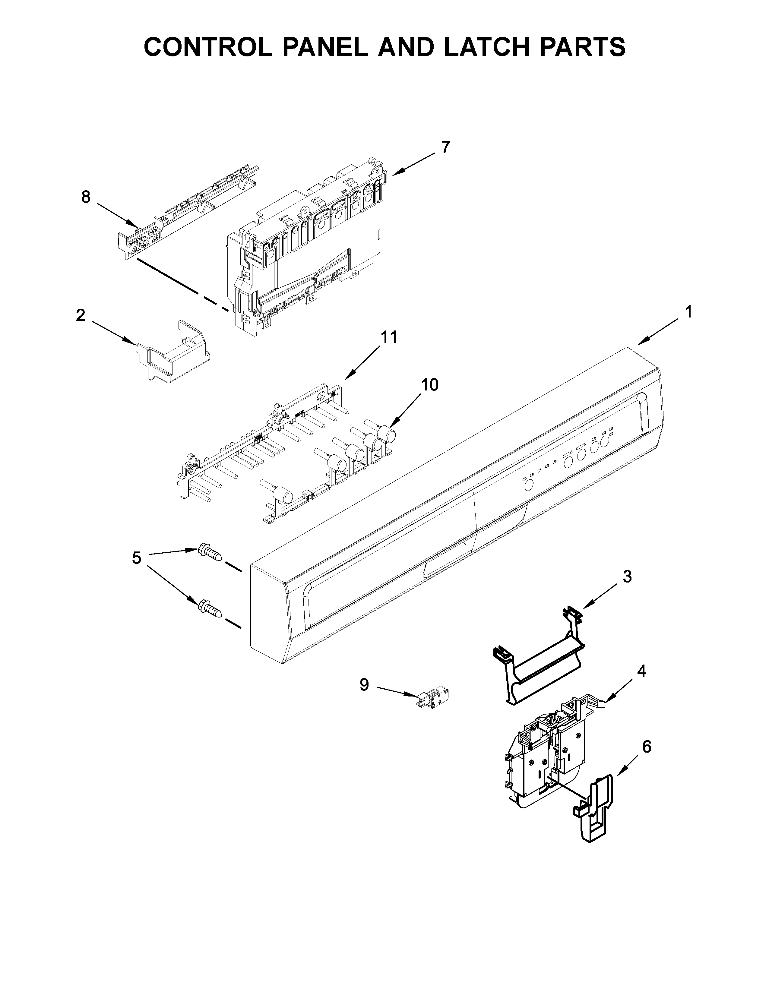 Control Panel And Latch Parts Diagram and Parts List for 66517489N710  Kenmore Dishwasher