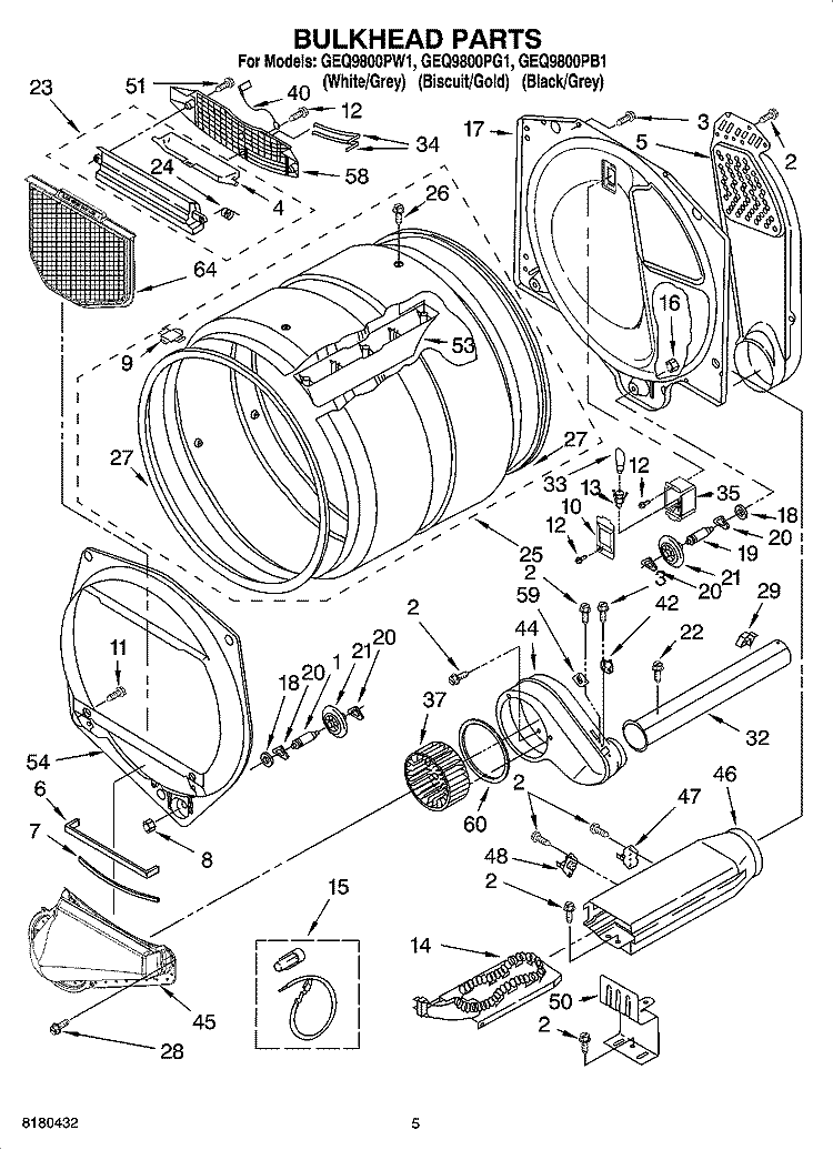 BULKHEAD PARTS Diagram and Parts List for GEQ9800PW1  Whirlpool Dryer