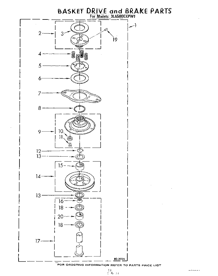 BASKET DRIVE AND BRAKE Diagram and Parts List for 3LA5800XPW1  Whirlpool Washer