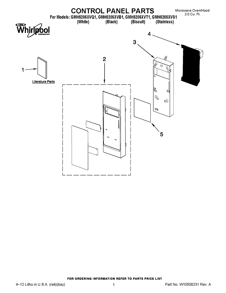 CONTROL PANEL PARTS Diagram and Parts List for GMH5205XVB1  Whirlpool Microwave