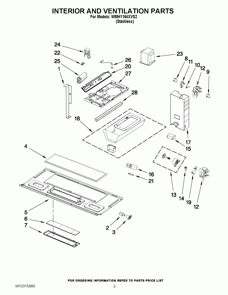 INTERIOR AND VENTILATION PARTS Diagram and Parts List for WMH1164XVS2  Whirlpool Microwave