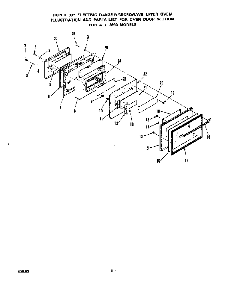 Oven Door Diagram and Parts List for 2893*0A  Roper Range