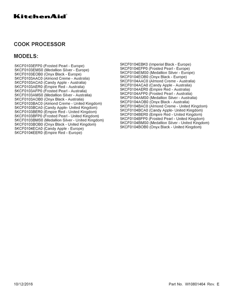 Cover Sheet Diagram and Parts List for 5KCF0103EFP0  KitchenAid Slow Cooker