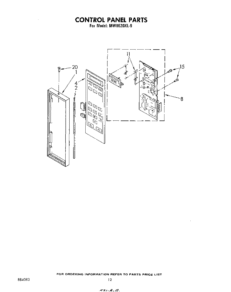 CONTROL PANEL Diagram and Parts List for MW8520XL9  Whirlpool Microwave