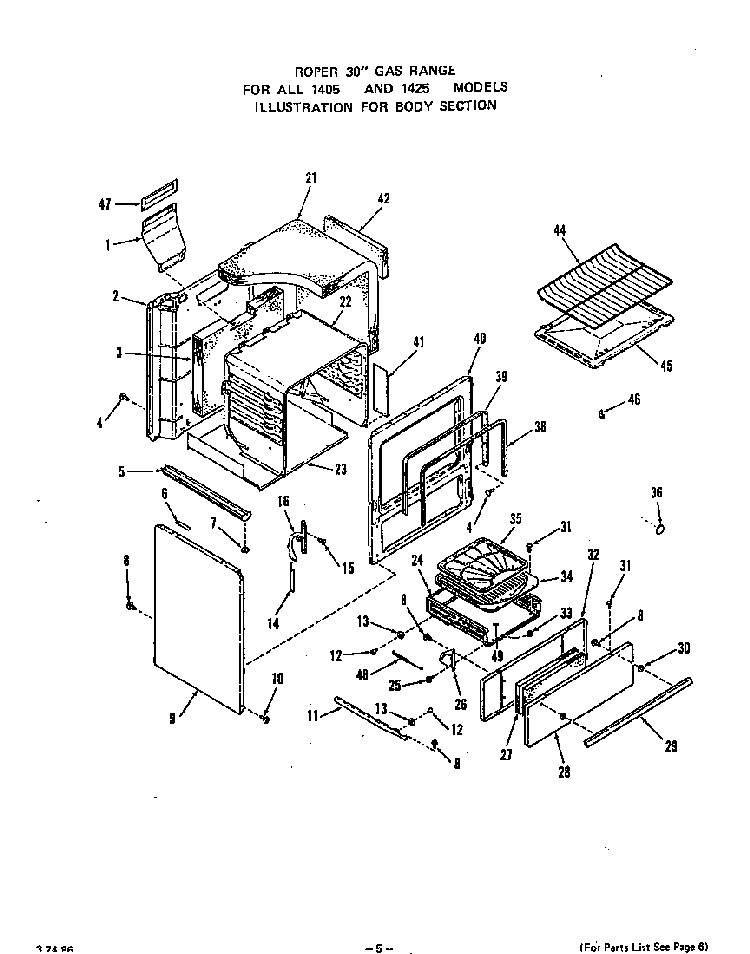 Body Diagram and Parts List for 1405*1A  Roper Range
