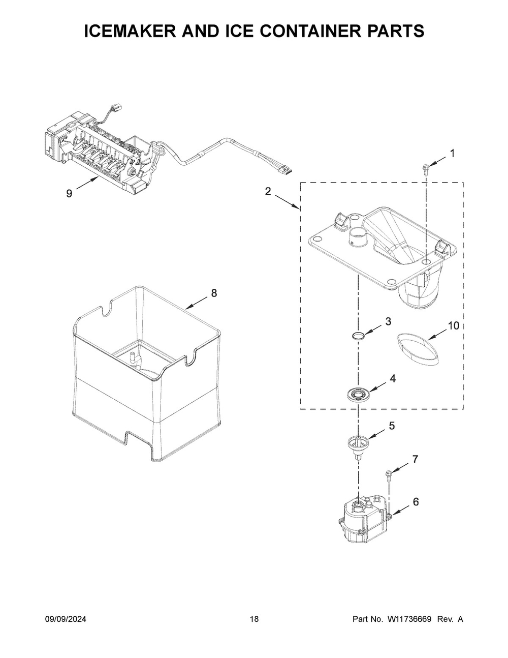 10 - Icemaker And Ice Container Parts Diagram and Parts List for KRMF706ESS06  Whirlpool Refrigerator