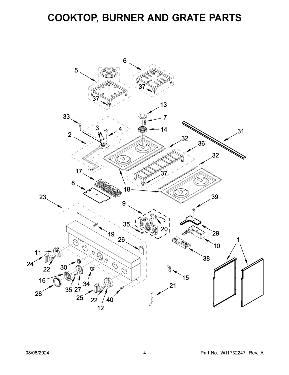 03 - Cooktop, Burner And Grate Parts Diagram and Parts List for KFDC500JPA03  Whirlpool Cooktop