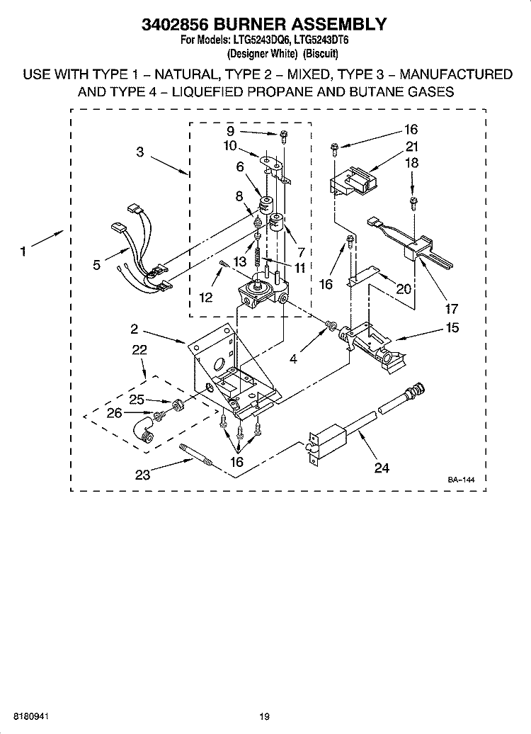 3402856 BURNER ASSEMBLY, OPTIONAL PARTS (NOT INCLUDED) Diagram and Parts List for LTG5243DT6  Whirlpool Washer Dryer Combo