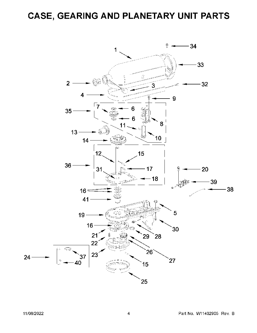 Case, Gearing And Planetary Unit Parts Diagram and Parts List for 5KSM156HMBBM4  KitchenAid Mixer