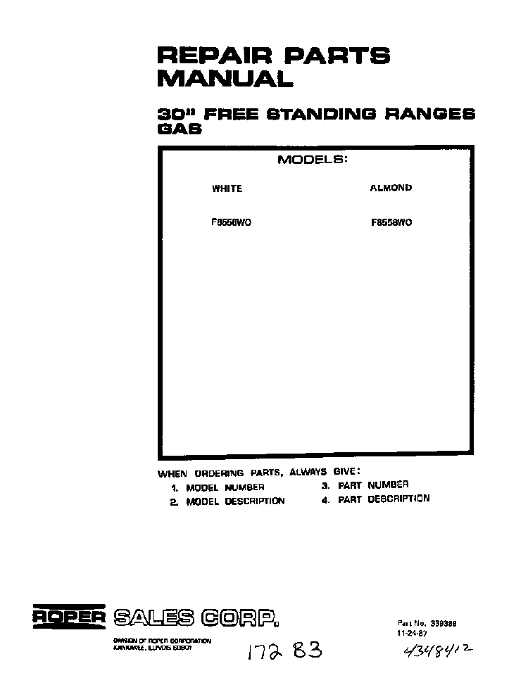 Front Cover Diagram and Parts List for F8558*0  Roper Range