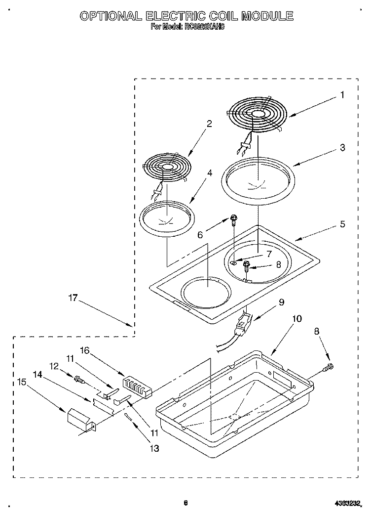 OPTIONAL ELECTRIC COIL MODULE Diagram and Parts List for RC8920XAH0  Whirlpool Cooktop