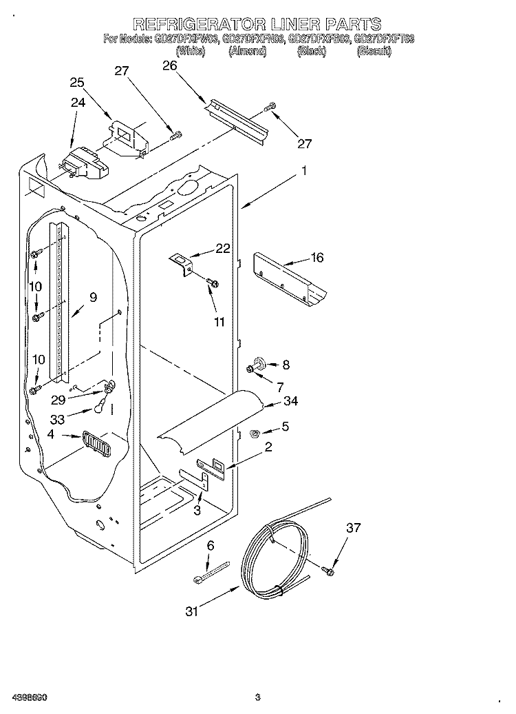 REFRIGERATOR LINER Diagram and Parts List for GD27DFXFB03  Whirlpool Refrigerator