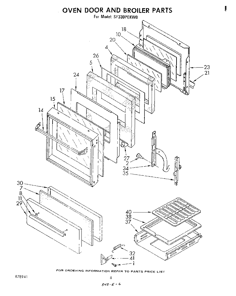 OVEN DOOR AND BROILER Diagram and Parts List for SF330PEKW0  Whirlpool Range