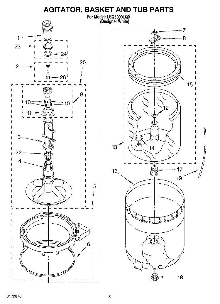 AGITATOR, BASKET AND TUB Diagram and Parts List for LSQ8000LQ0  Whirlpool Washer