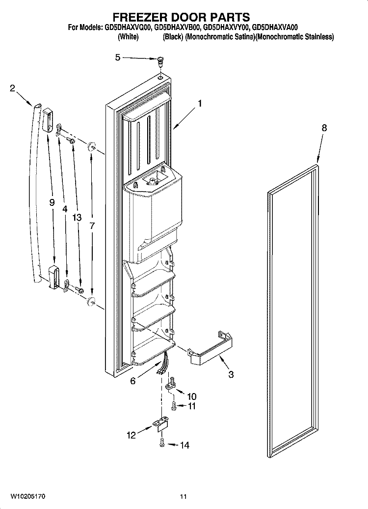 FREEZER DOOR PARTS Diagram and Parts List for GD5DHAXVY00  Whirlpool Refrigerator