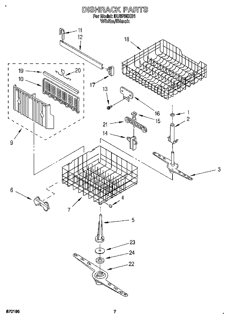 DISHRACK Diagram and Parts List for DU8750XB1  Whirlpool Dishwasher