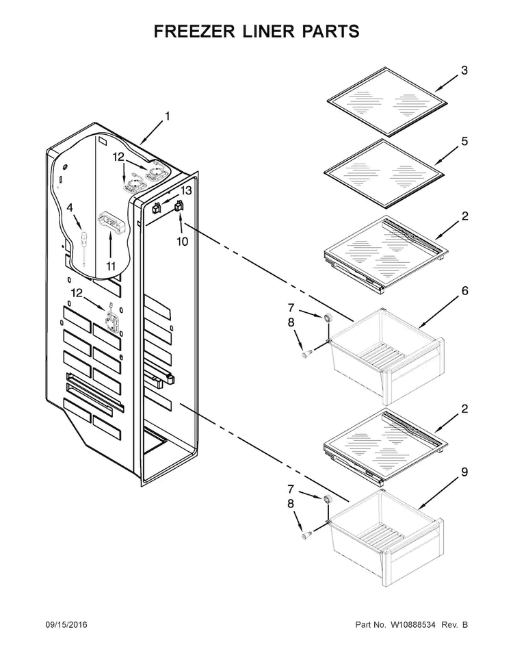 Freezer Liner Parts Diagram and Parts List for 10651769511  Kenmore Refrigerator