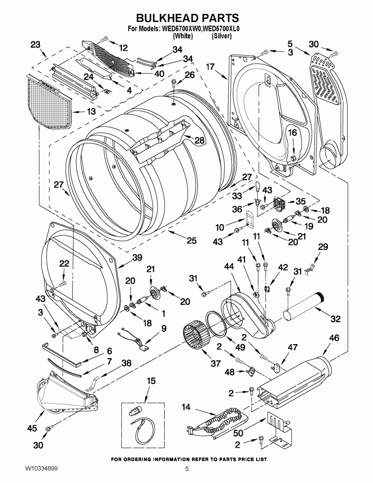 BULKHEAD PARTS Diagram and Parts List for WED5700XW0  Whirlpool Dryer